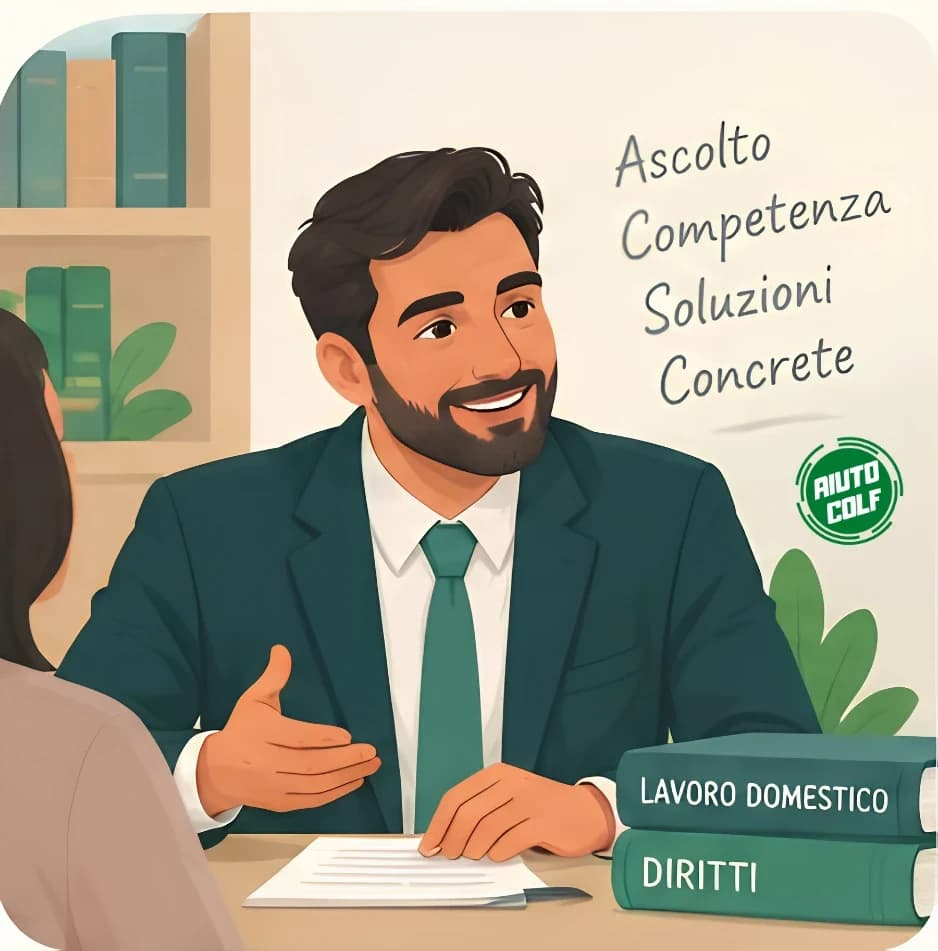 Illustrazione di un consulente di AiutoColf che ascolta una lavoratrice domestica, con i libri Lavoro domestico e Diritti